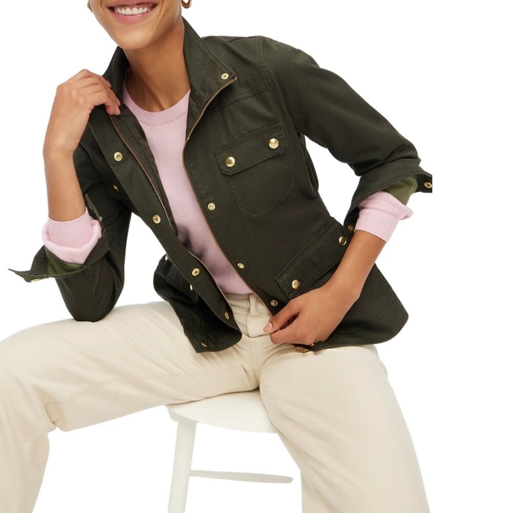 J. Crew resin-coated twill field wax jacket olive green mossy brown w gold snaps